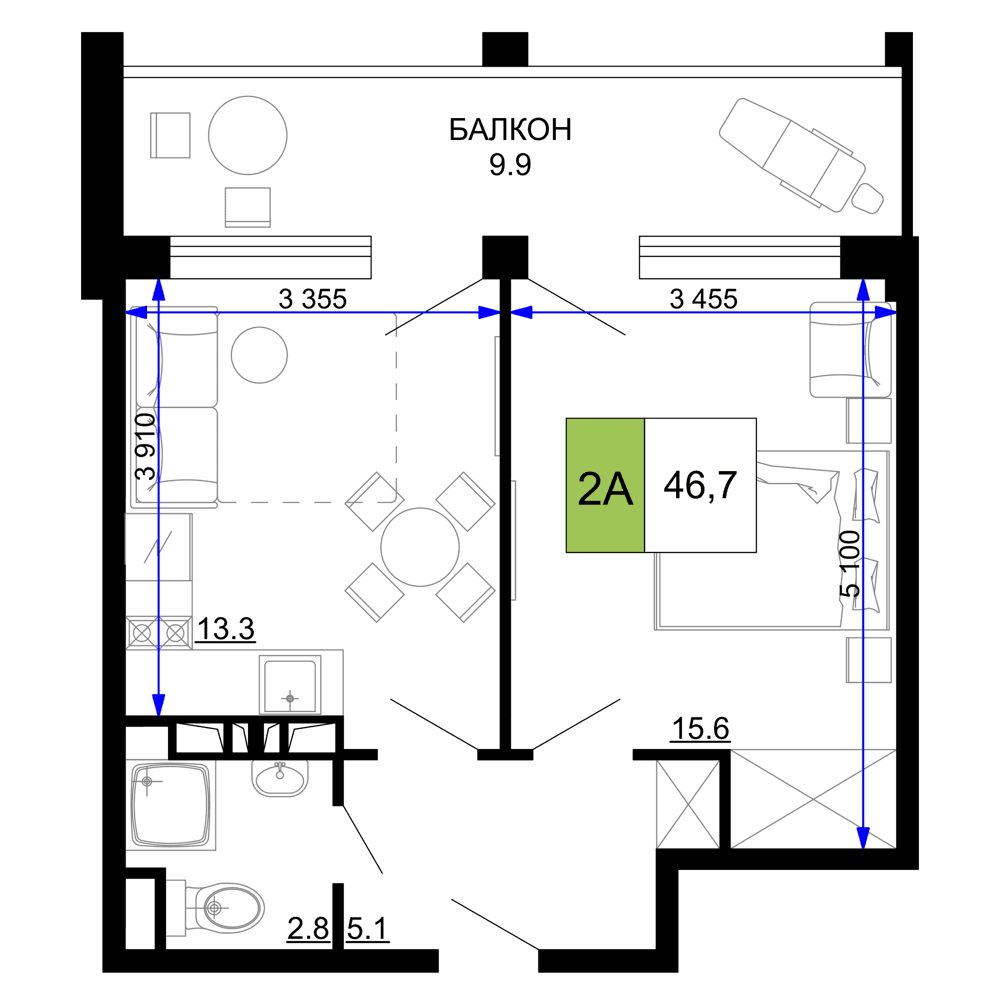 2-к, 46.7 м² · Мореград
