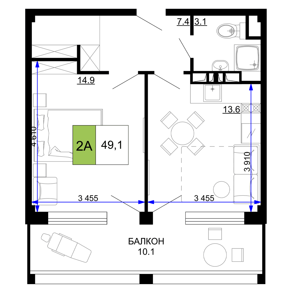 2-к, 49.1 м² · Мореград