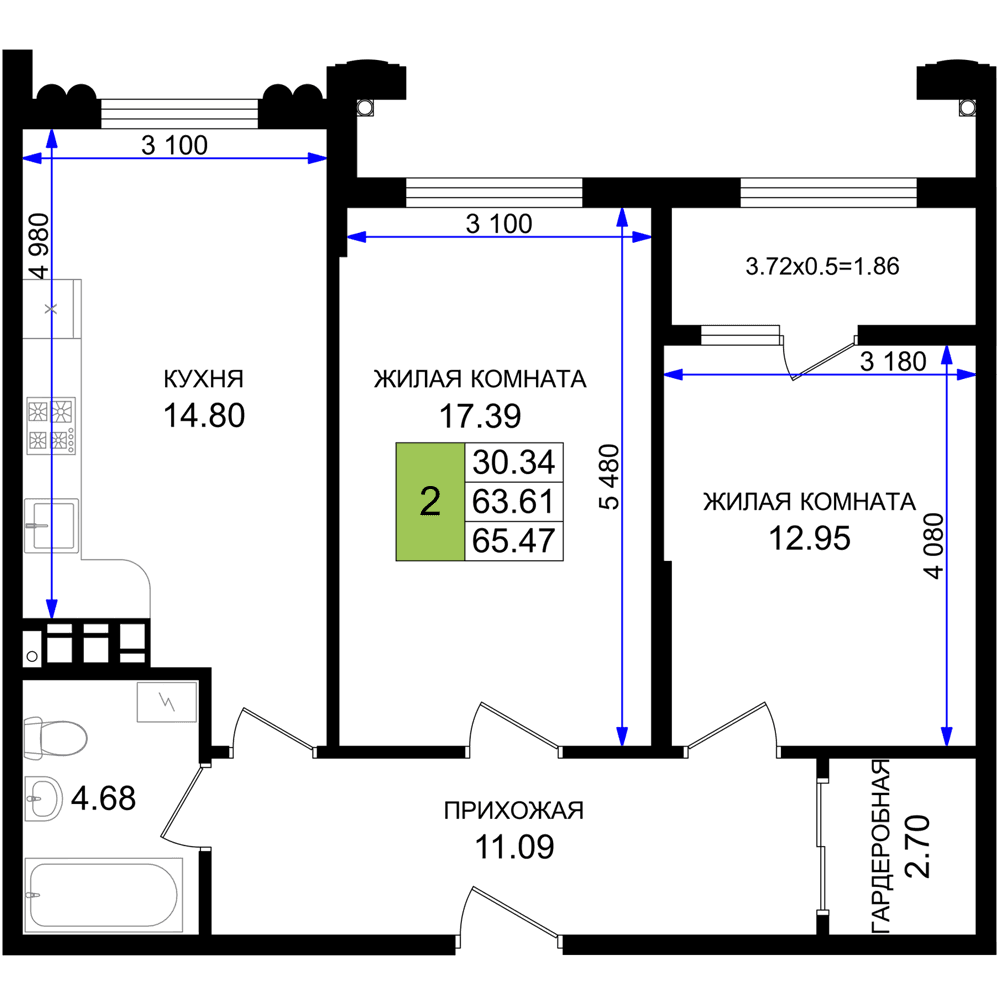 2-к, 65.47 м² · Резиденция морей