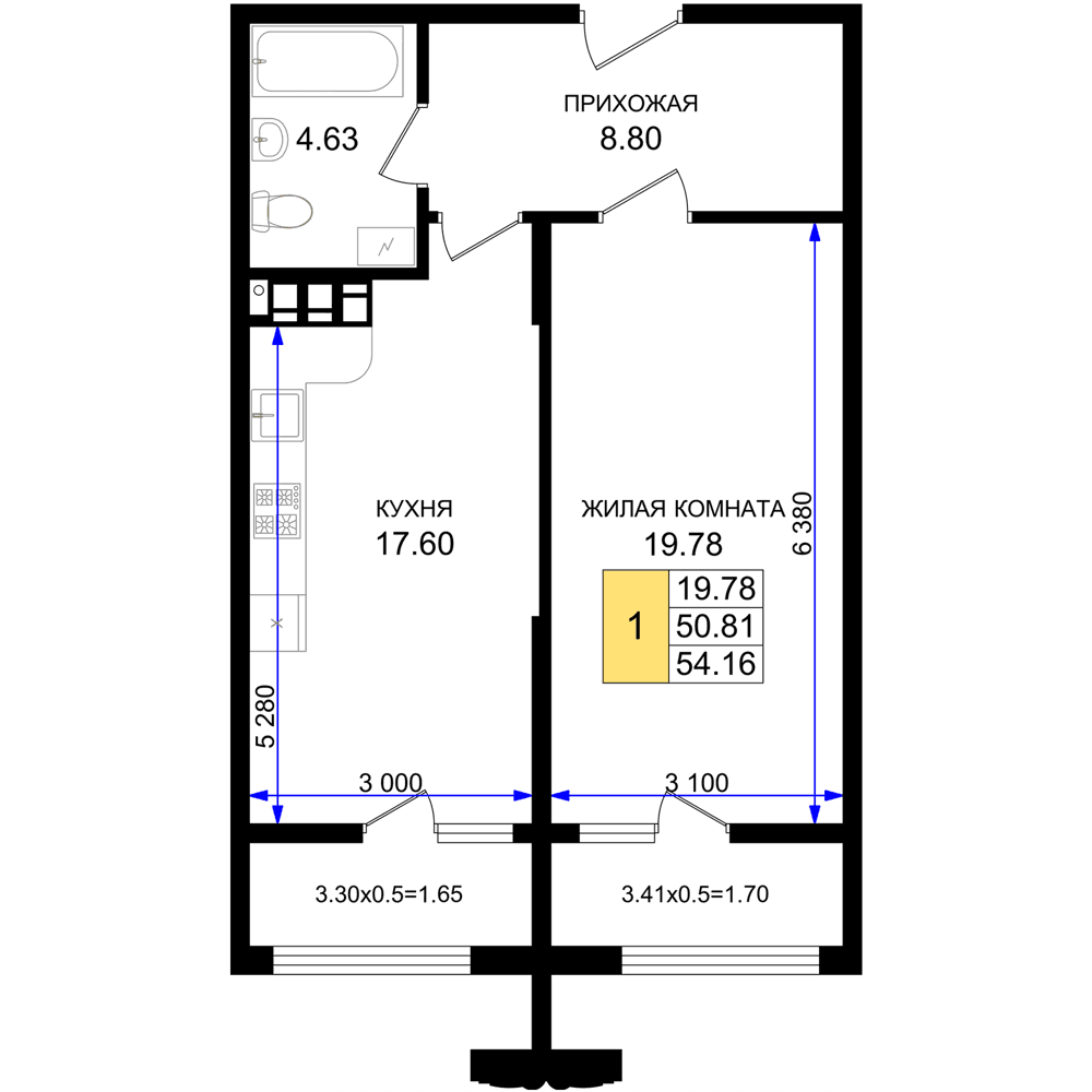 1-к, 54.16 м² · Резиденция морей