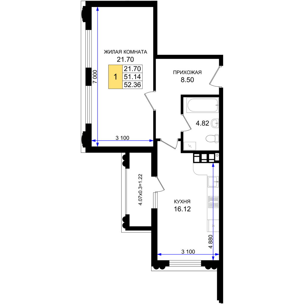 1-к, 52.36 м² · Резиденция морей