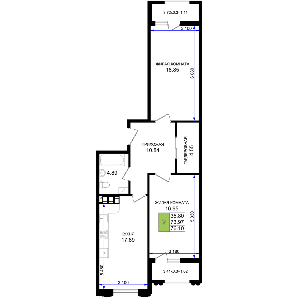 2-к, 76.1 м² · Резиденция морей