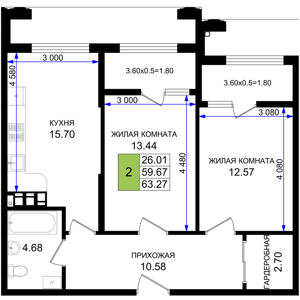 2-к, 63.27 м² · Резиденция морей