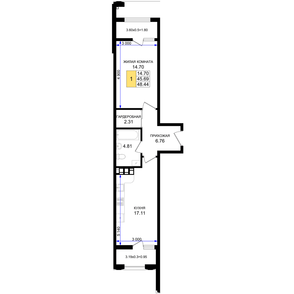 1-к, 48.44 м² · Резиденция морей