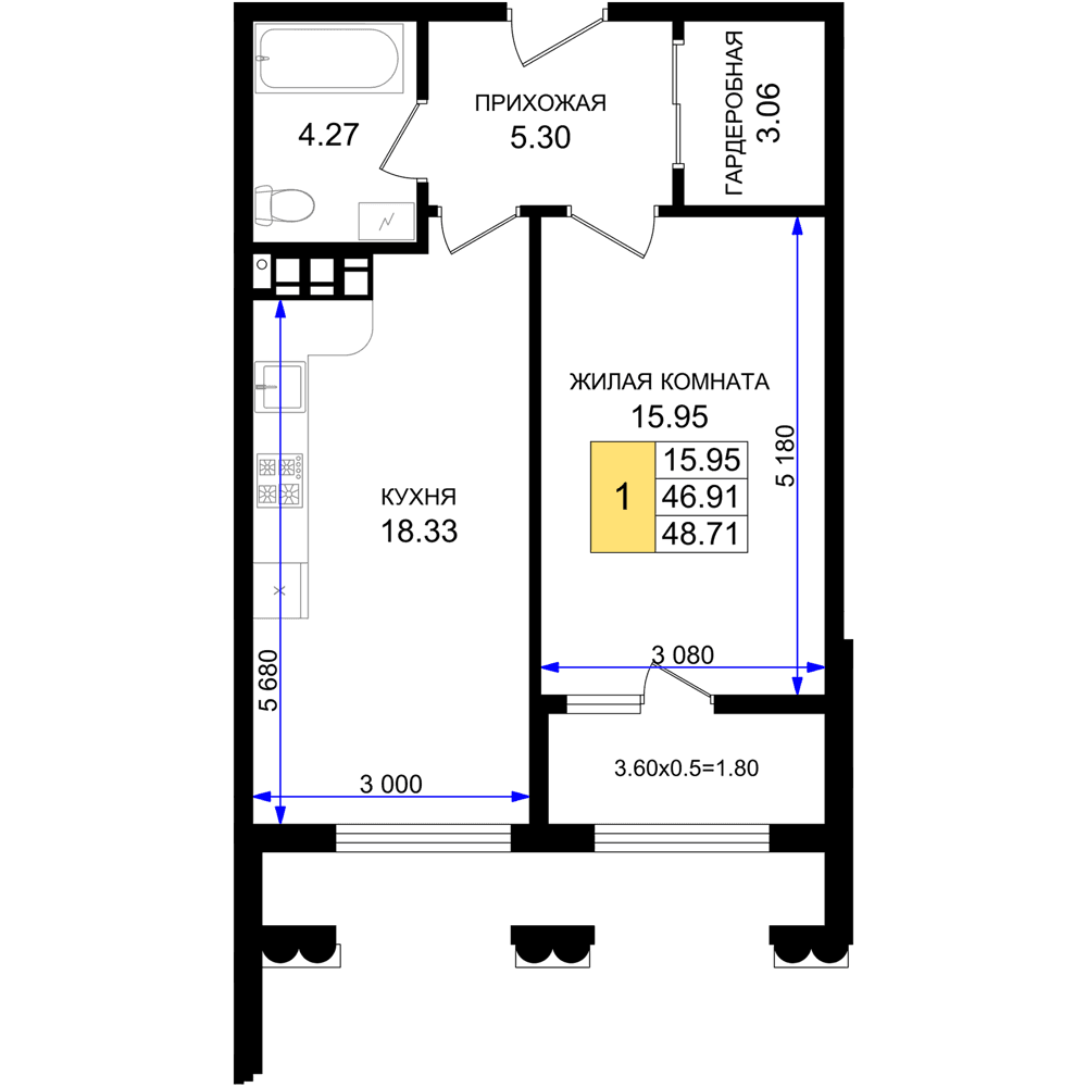 1-к, 48.71 м² · Резиденция морей