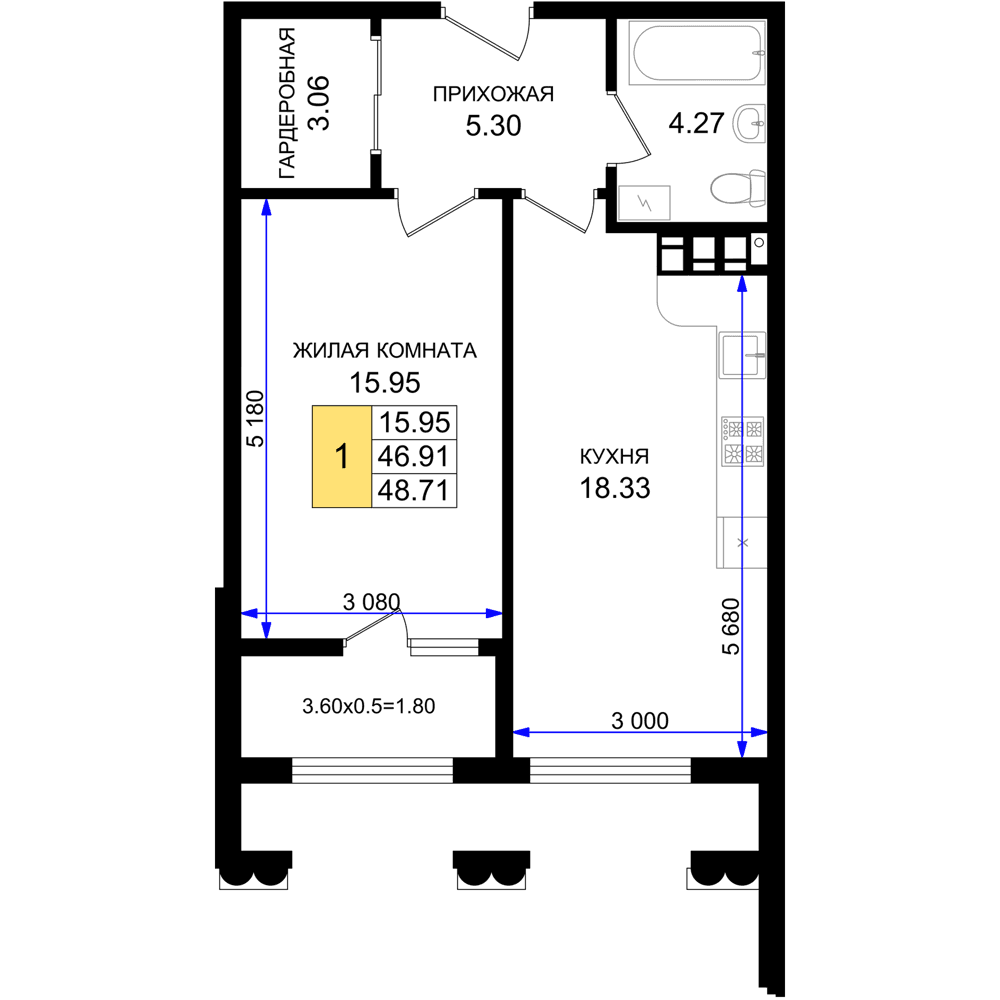 1-к, 48.71 м² · Резиденция морей