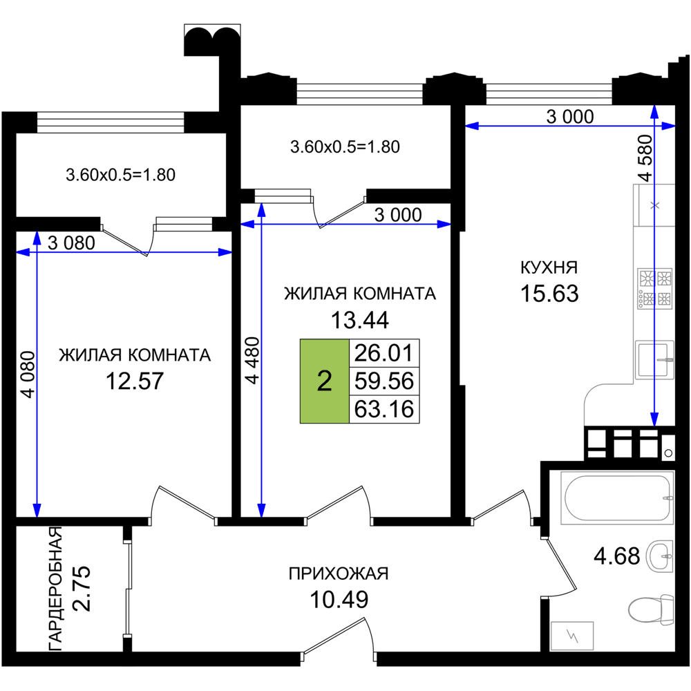 2-к, 63.16 м² · Резиденция морей