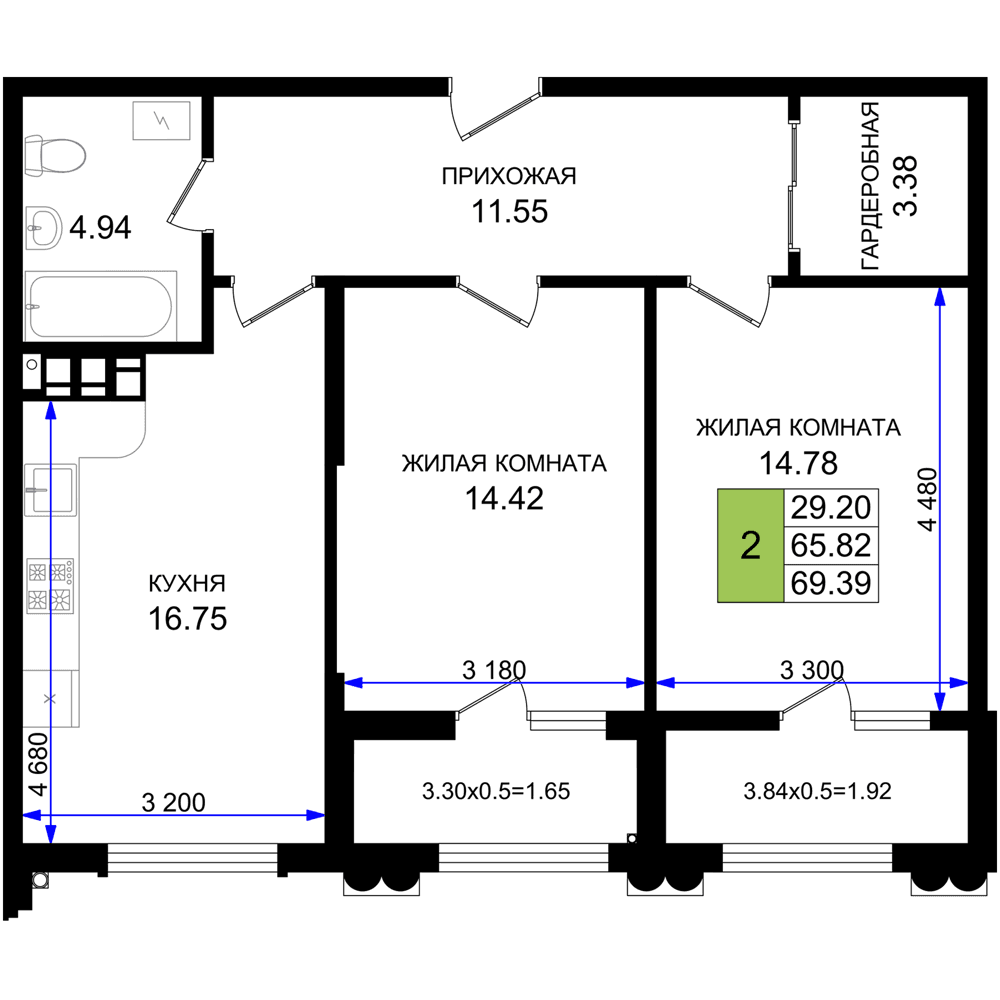 2-к, 69.39 м² · Резиденция морей