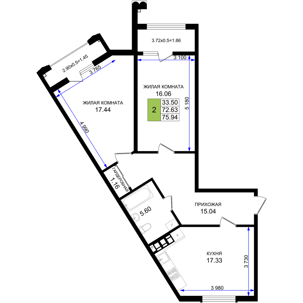 2-к, 75.94 м² · Резиденция морей