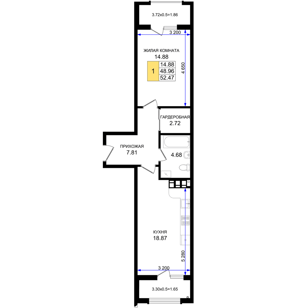 1-к, 52.47 м² · Резиденция морей