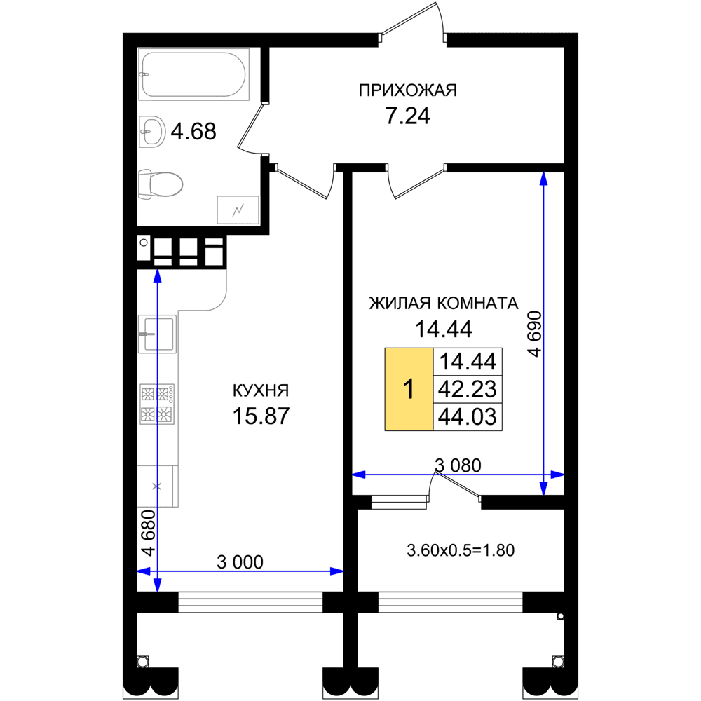 1-к, 44.03 м² · Резиденция морей