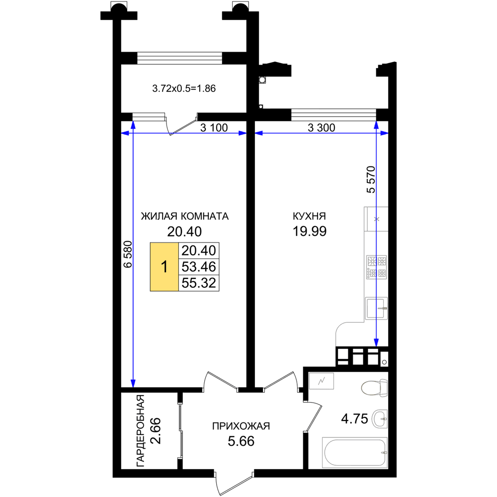 1-к, 55.32 м² · Резиденция морей
