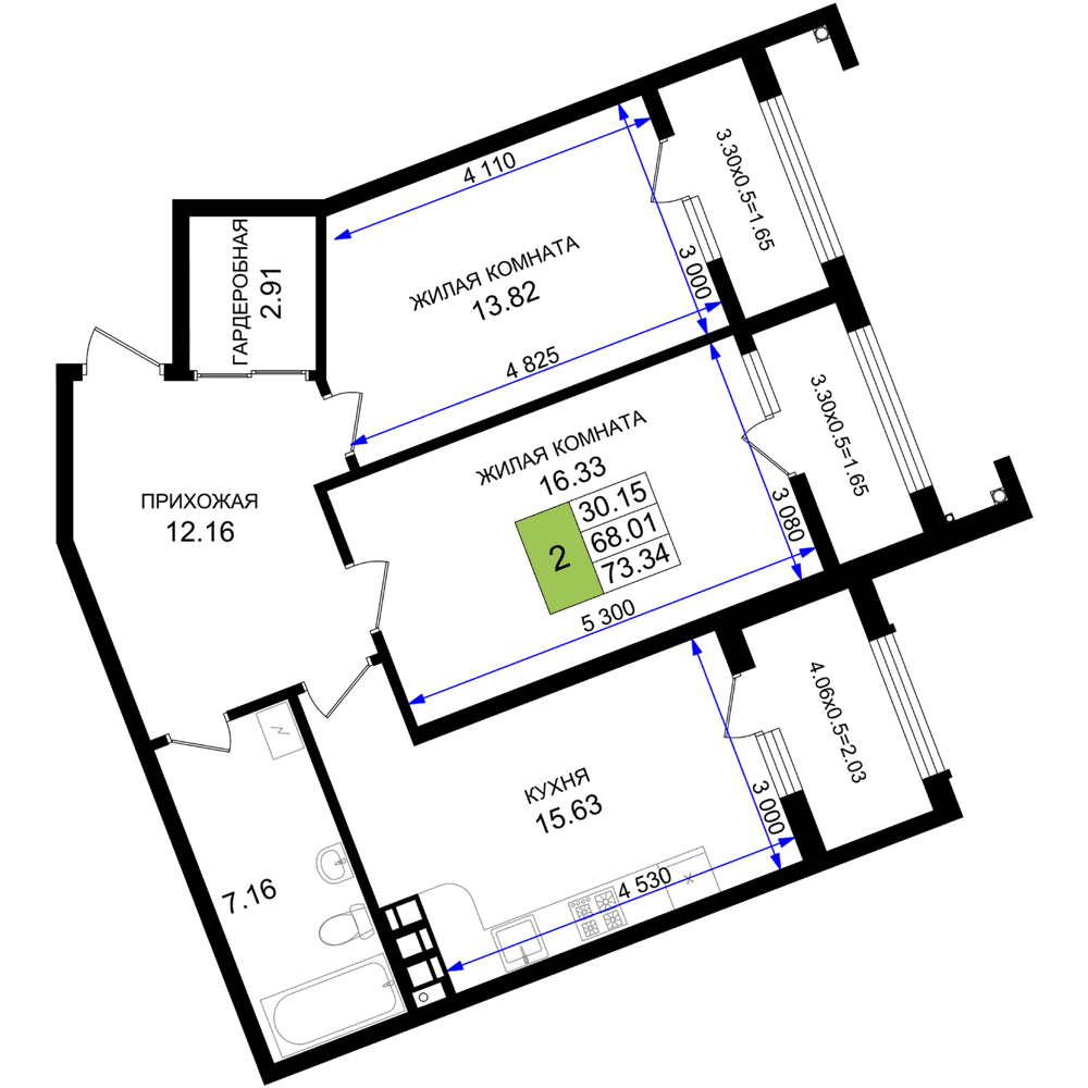 2-к, 73.34 м² · Резиденция морей