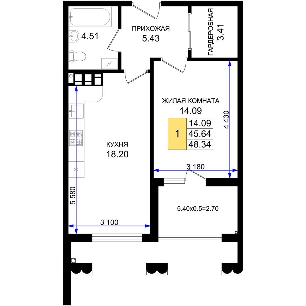 1-к, 48.34 м² · Резиденция морей
