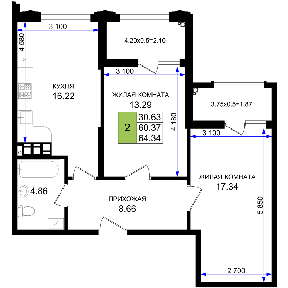 2-к, 64.34 м² · Резиденция морей