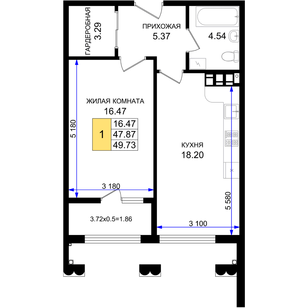1-к, 49.73 м² · Резиденция морей