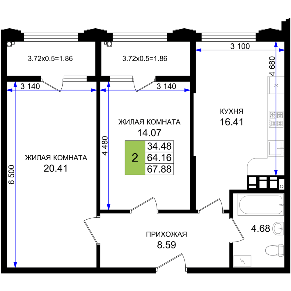 2-к, 67.88 м² · Резиденция морей