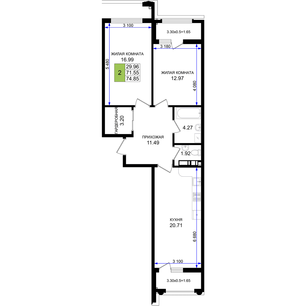2-к, 74.85 м² · Резиденция морей