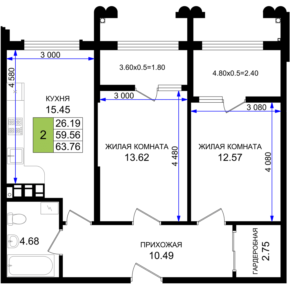 2-к, 63.76 м² · Резиденция морей