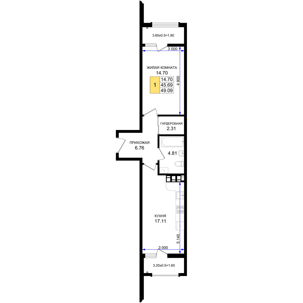 1-к, 49.09 м² · Резиденция морей