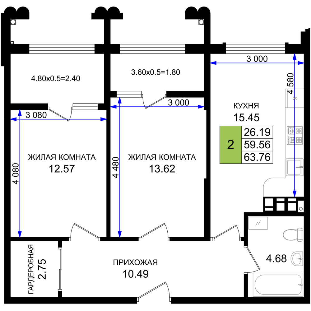 2-к, 63.76 м² · Резиденция морей