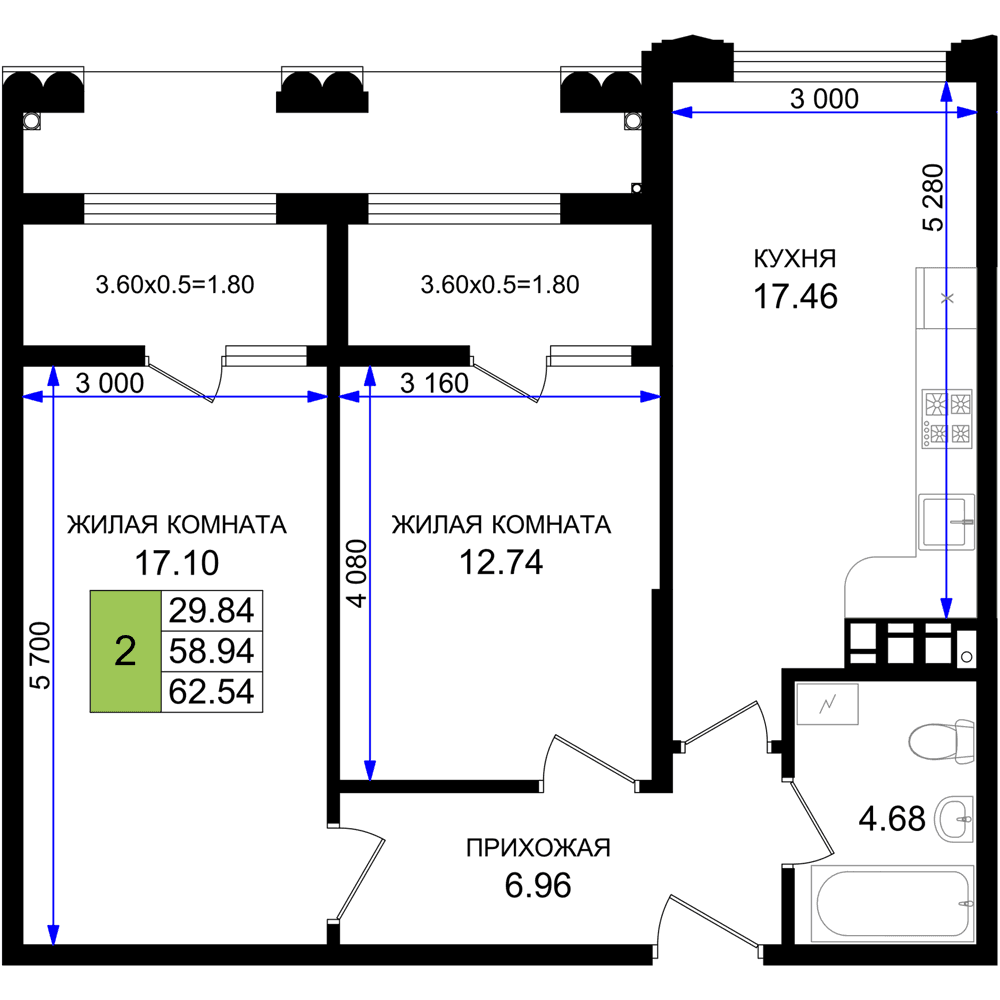 2-к, 62.54 м² · Резиденция морей