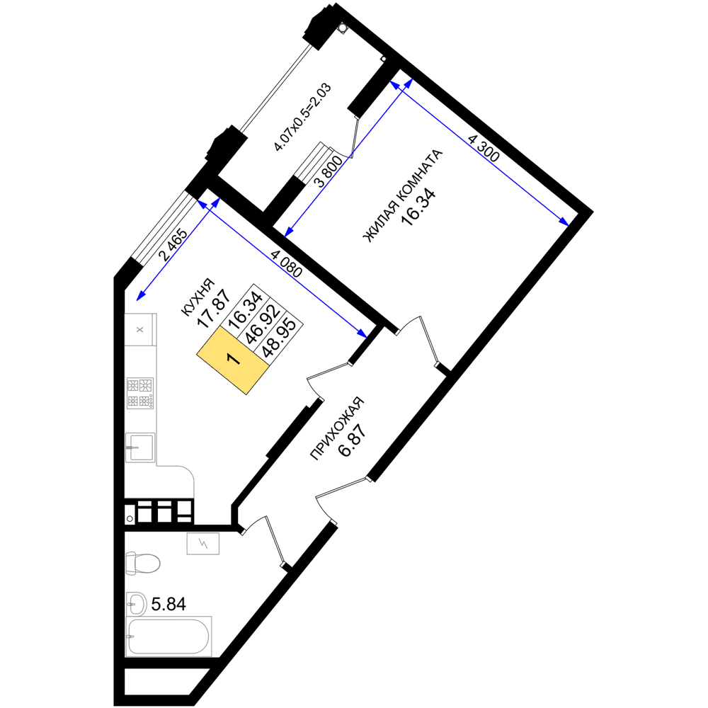 1-к, 48.95 м² · Резиденция морей