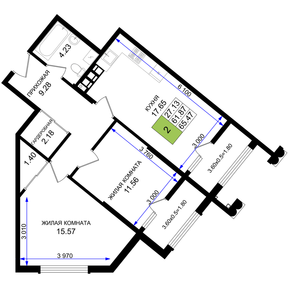 2-к, 65.47 м² · Резиденция морей