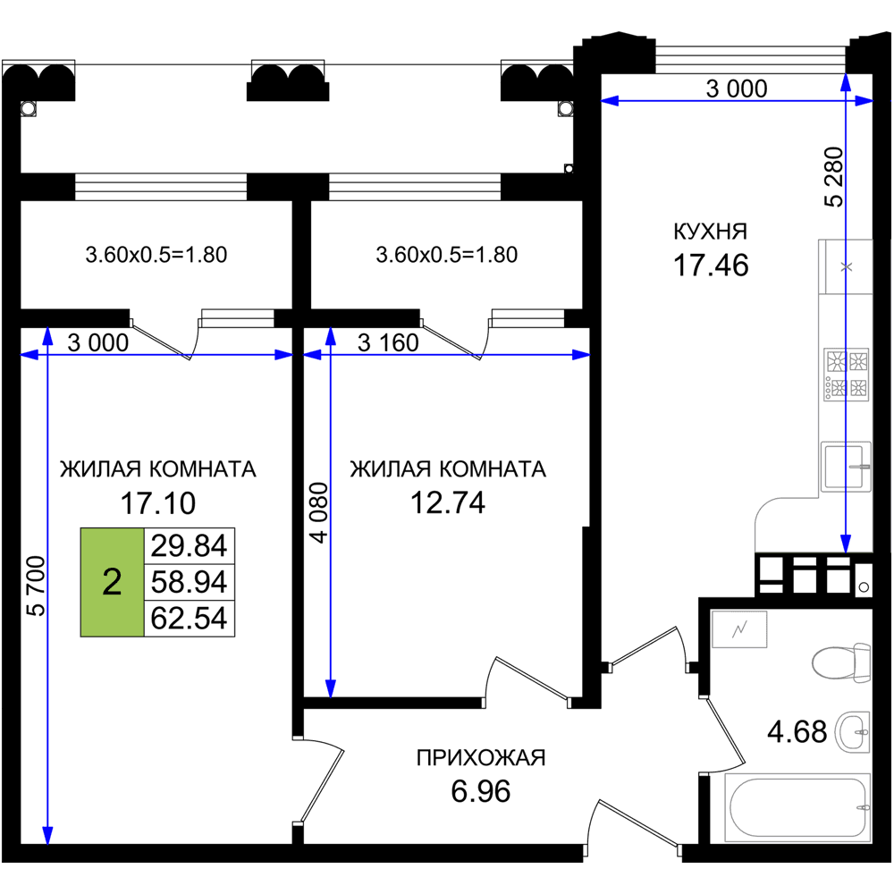 2-к, 62.54 м² · Резиденция морей