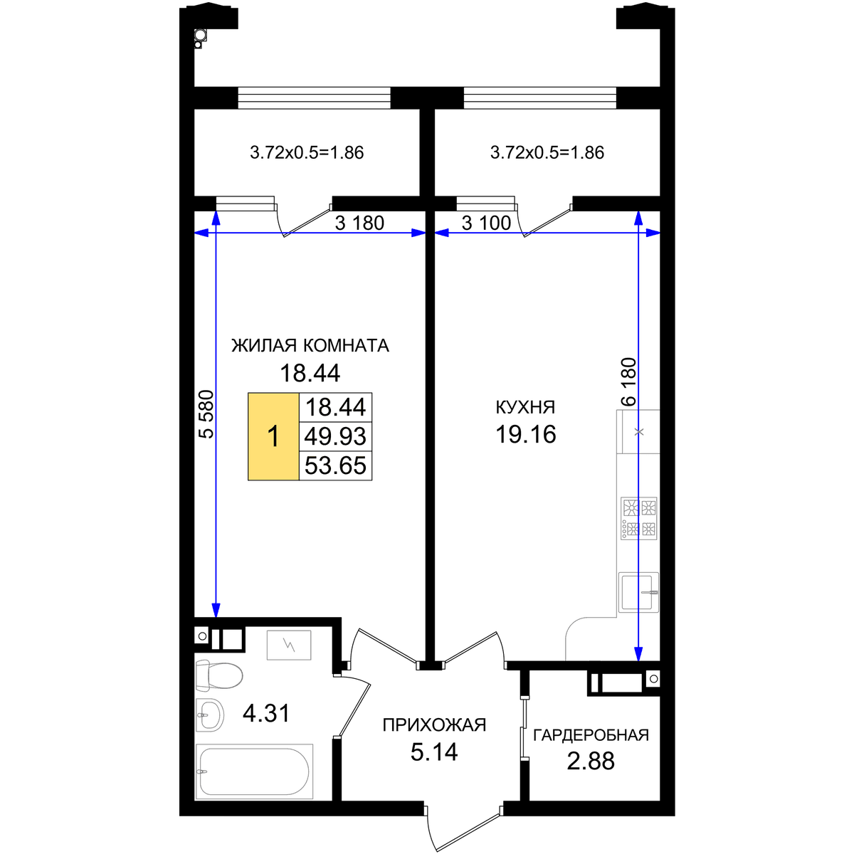 1-к, 53.65 м² · Резиденция морей