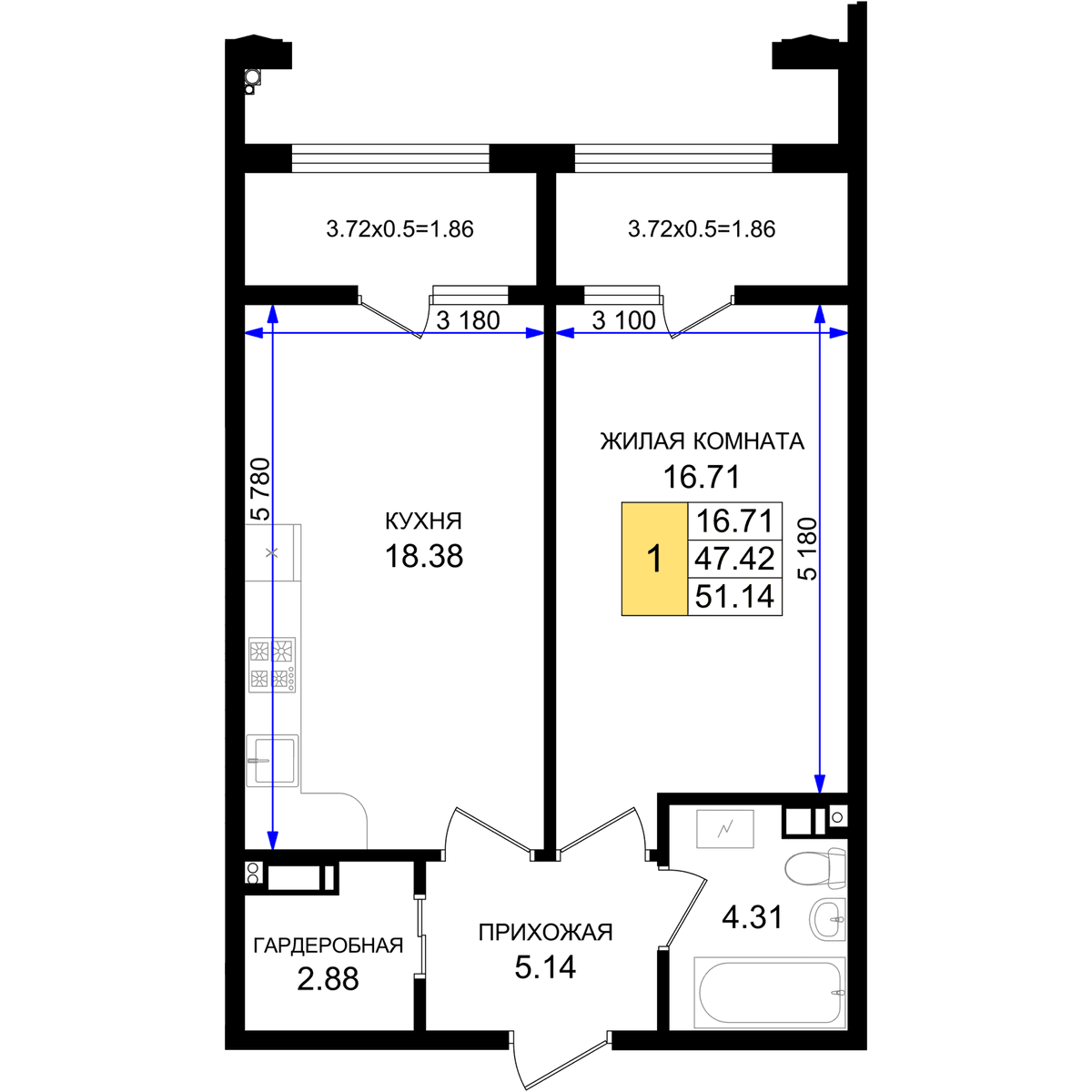 1-к, 51.14 м² · Резиденция морей