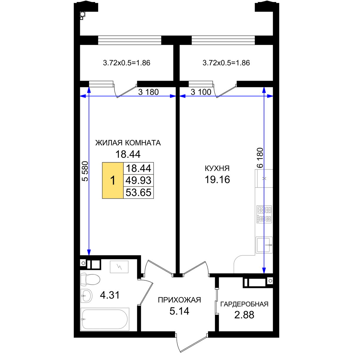1-к, 53.65 м² · Резиденция морей