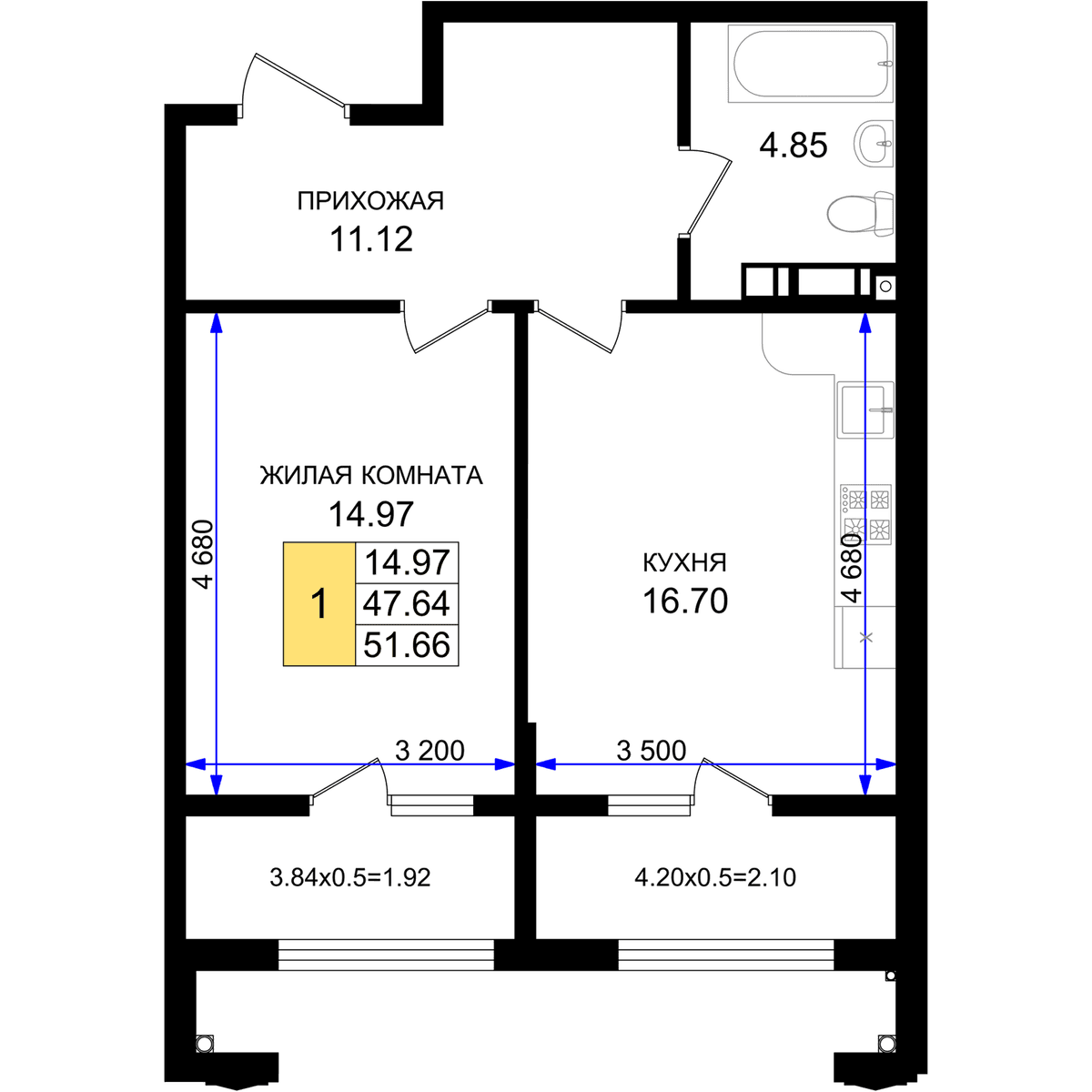 1-к, 51.66 м² · Резиденция морей