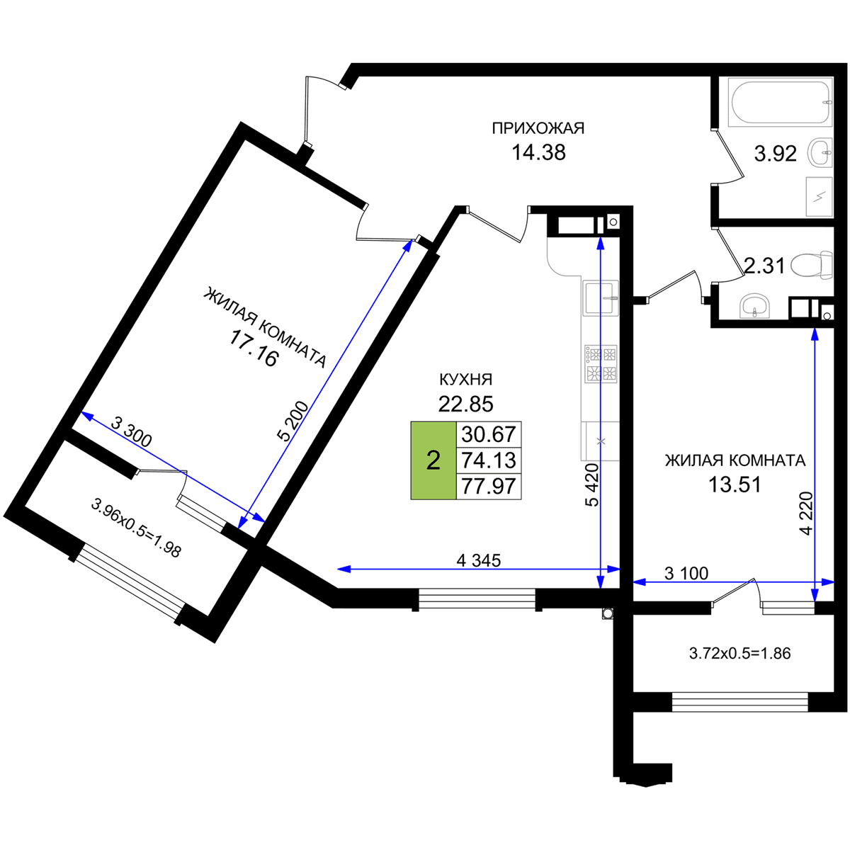 2-к, 77.97 м² · Резиденция морей
