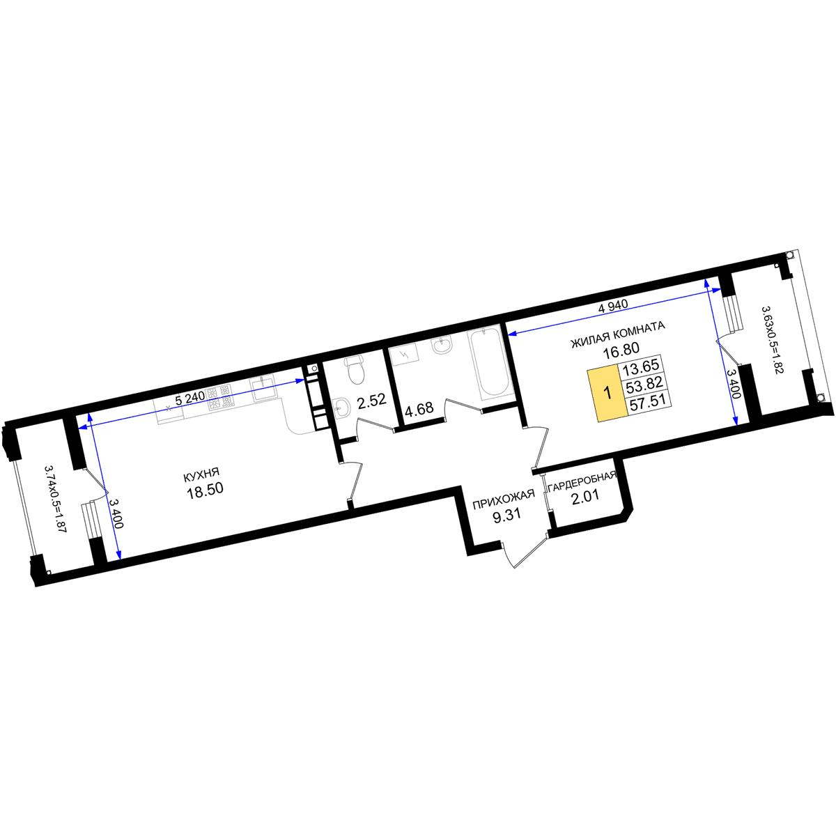 1-к, 57.51 м² · Резиденция морей