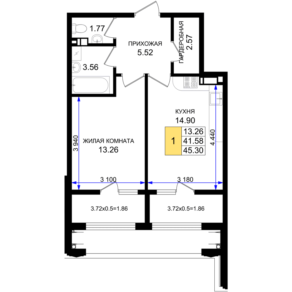 1-к, 45.3 м² · Резиденция морей