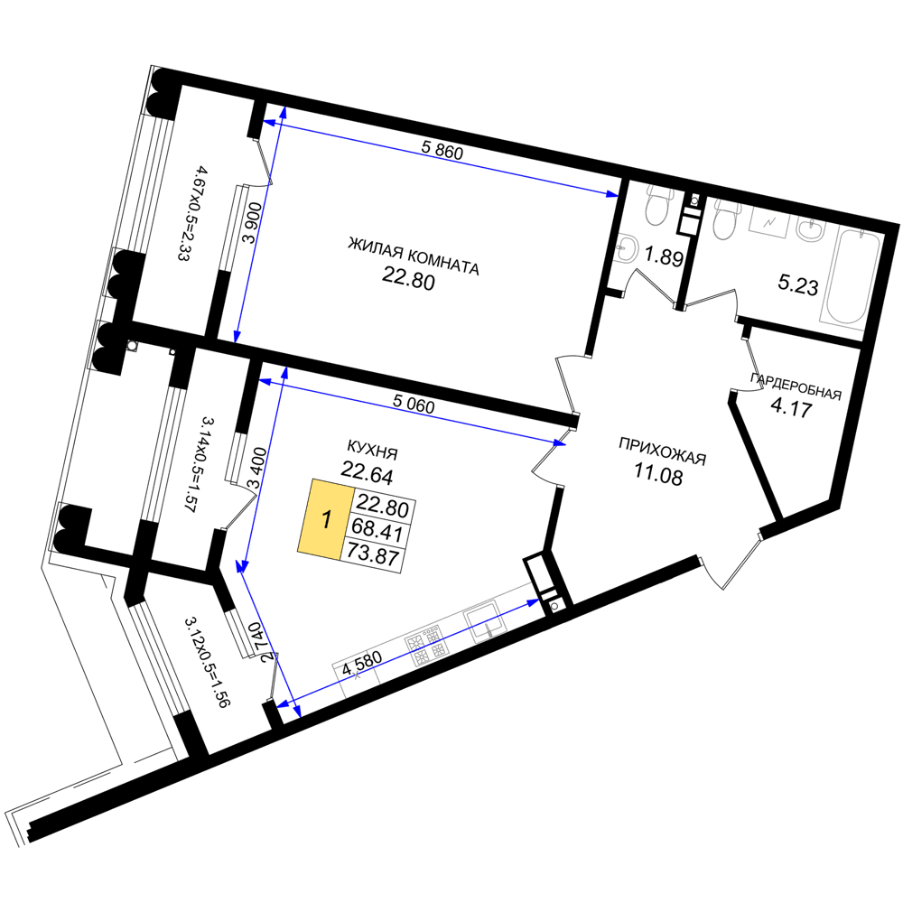 1-к, 73.87 м² · Резиденция морей