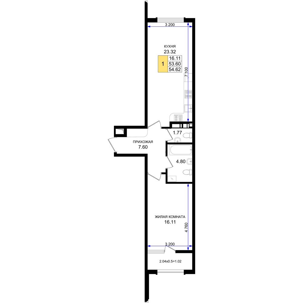 1-к, 54.62 м² · Резиденция морей
