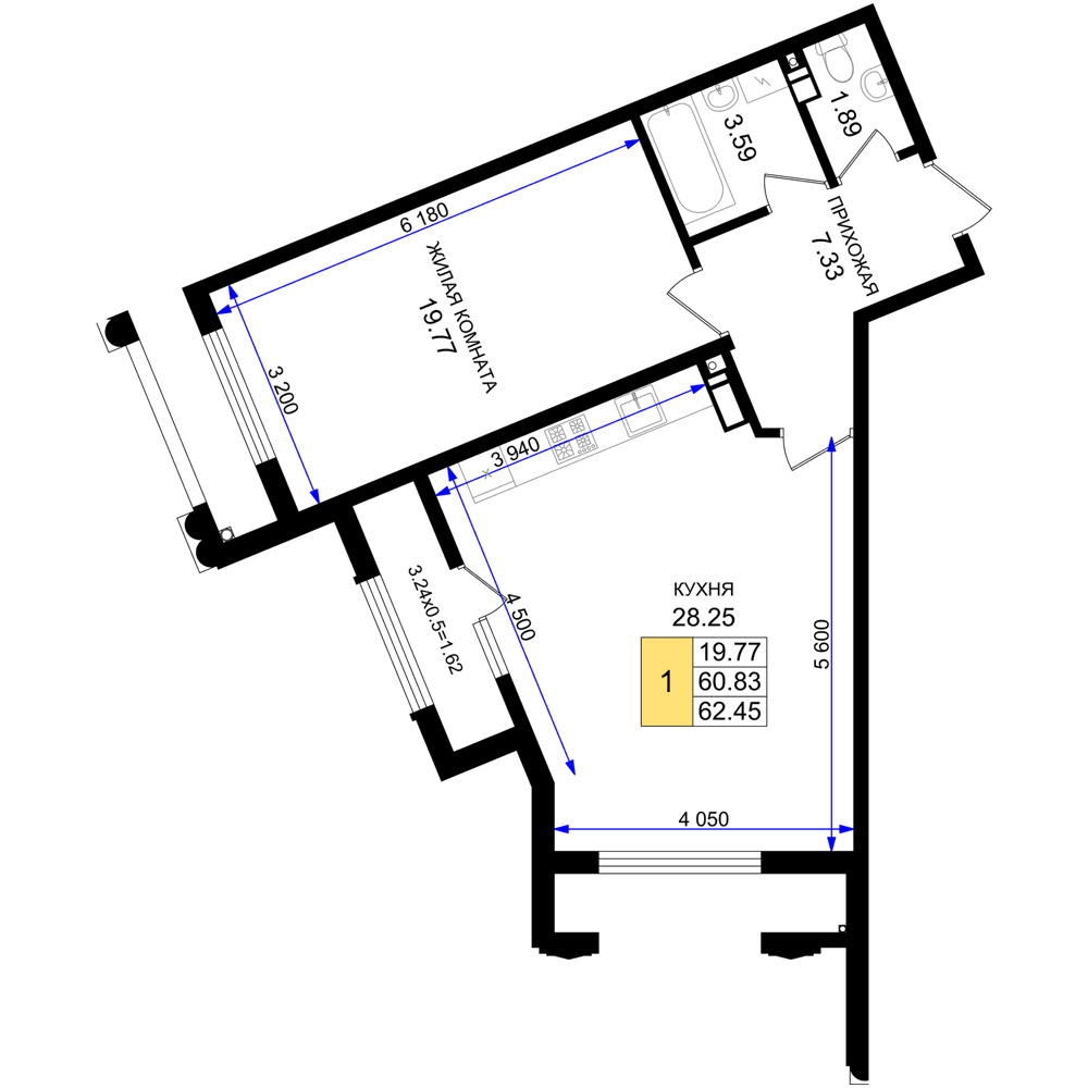 1-к, 62.45 м² · Резиденция морей