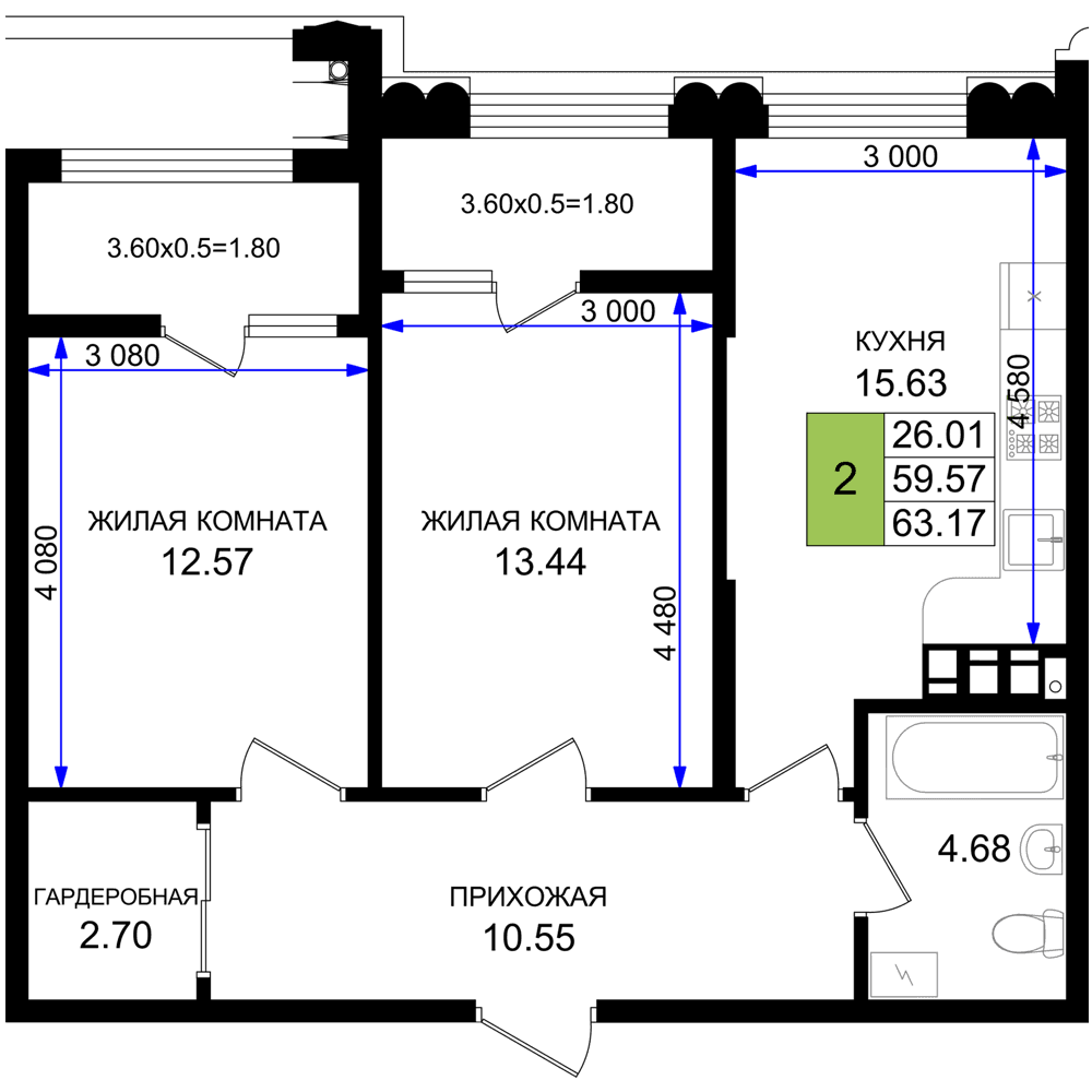 2-к, 63.17 м² · Резиденция морей