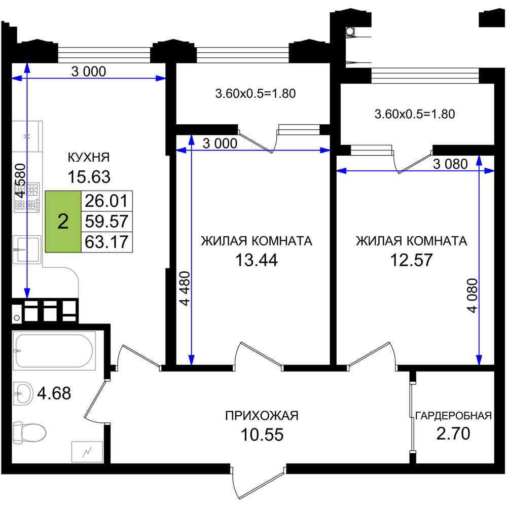 2-к, 63.17 м² · Резиденция морей