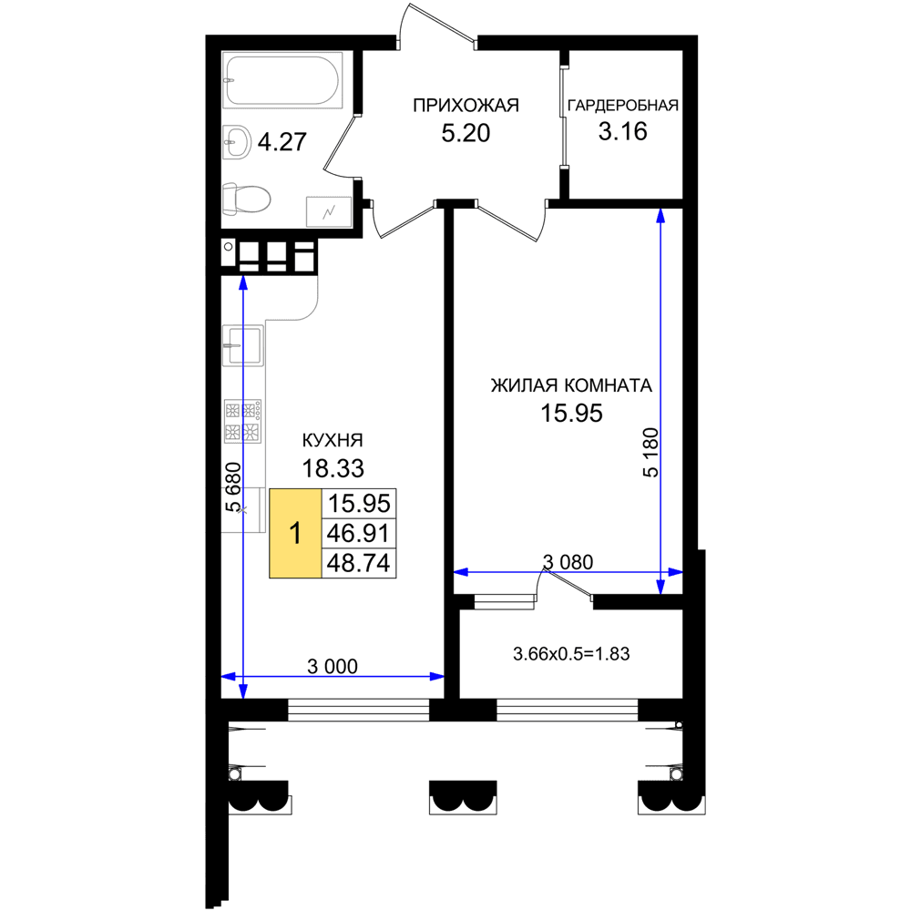 1-к, 48.74 м² · Резиденция морей