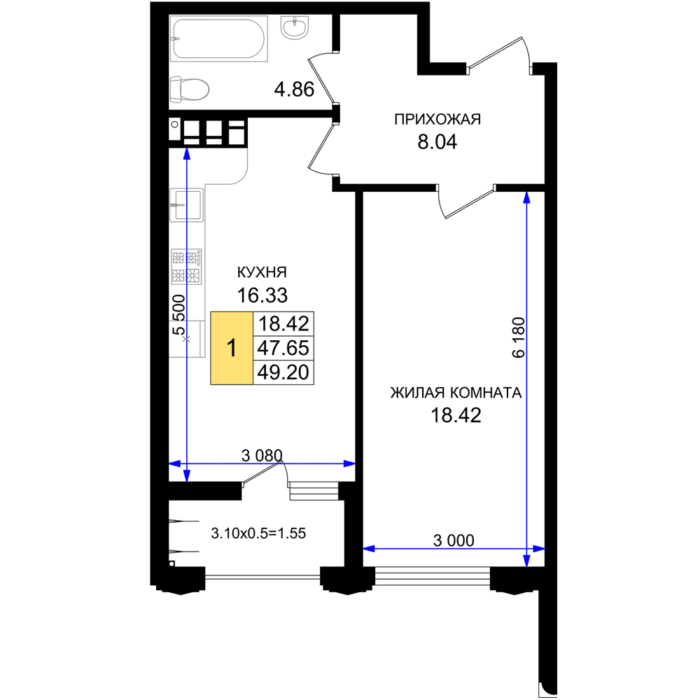 1-к, 49.2 м² · Резиденция морей