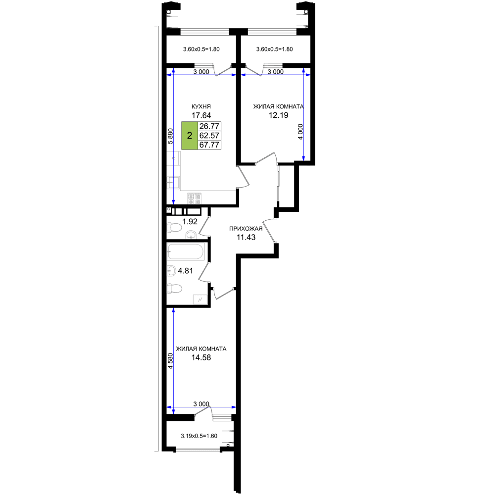 2-к, 67.77 м² · Резиденция морей
