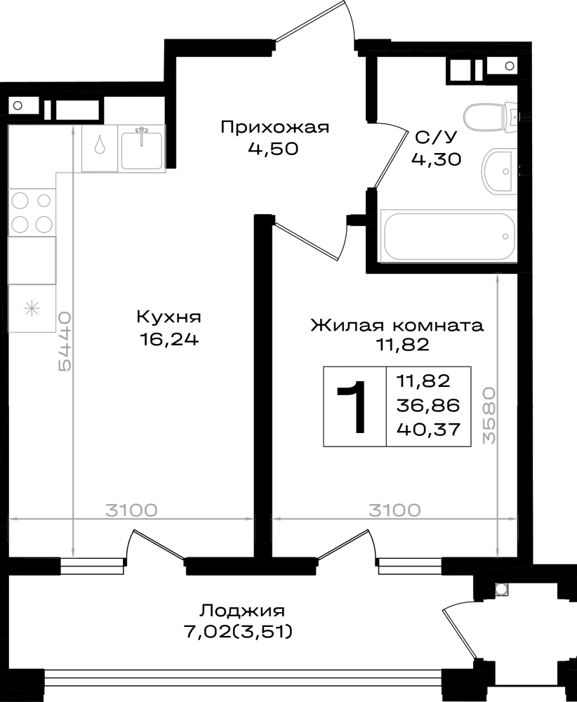 1-к, 40.37 м² · Южно