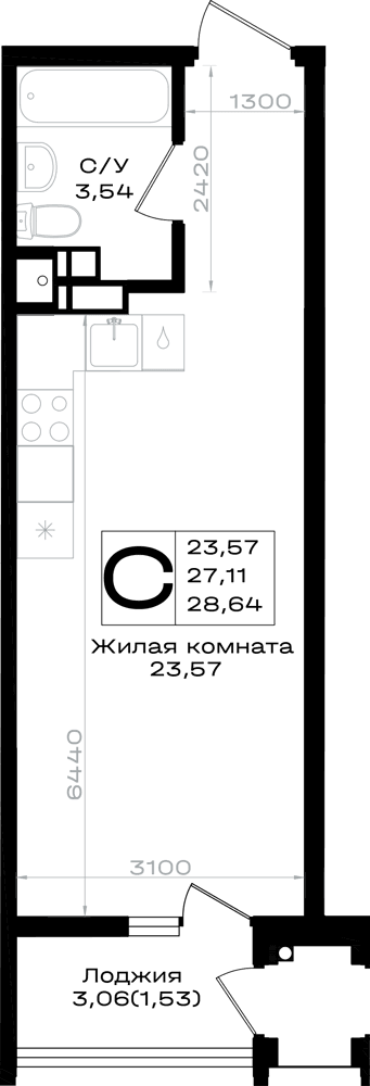 Студия, 28.64 м² · Южно
