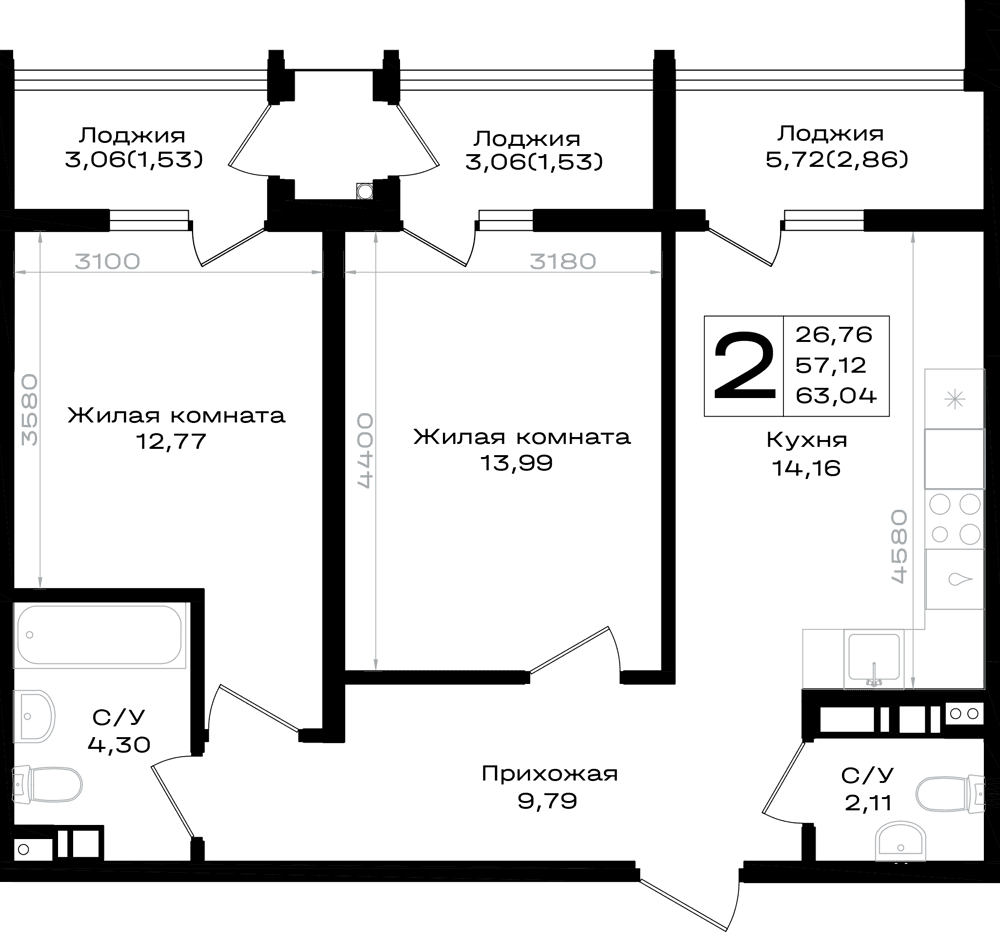 2-к, 63.04 м² · Южно