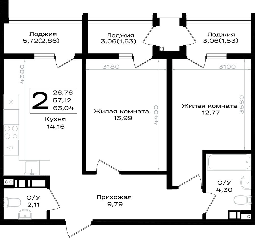2-к, 63.04 м² · Южно