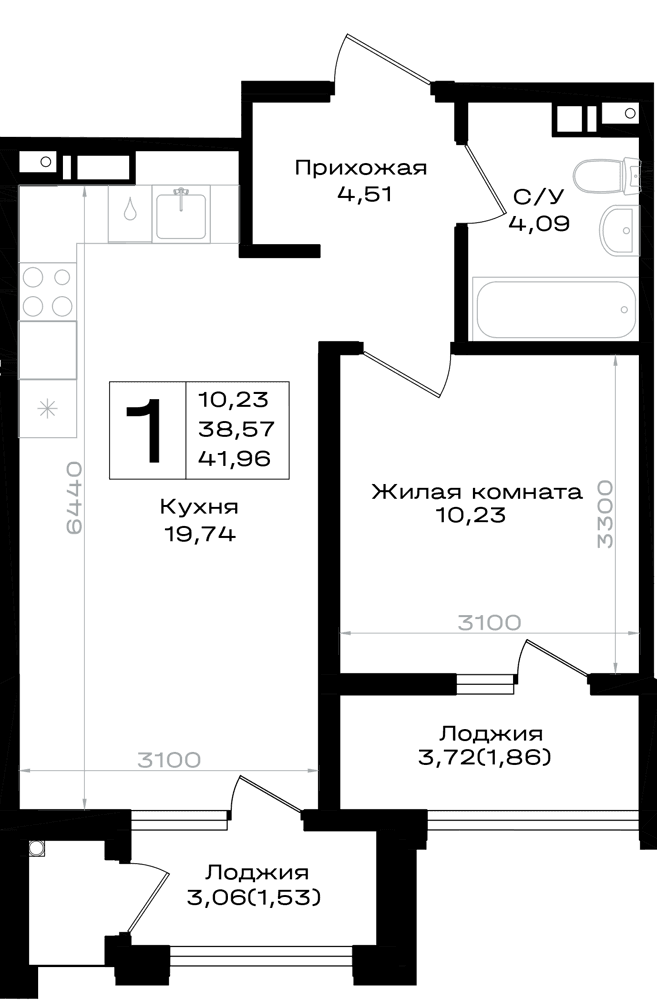 1-к, 41.96 м² · Южно