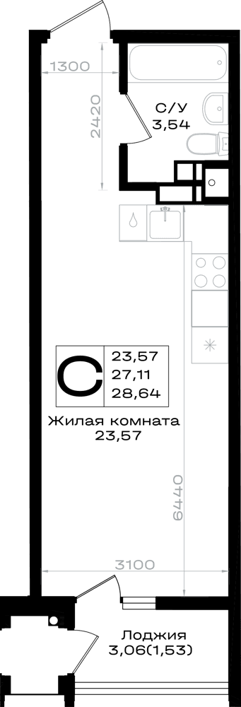 Студия, 28.64 м² · Южно